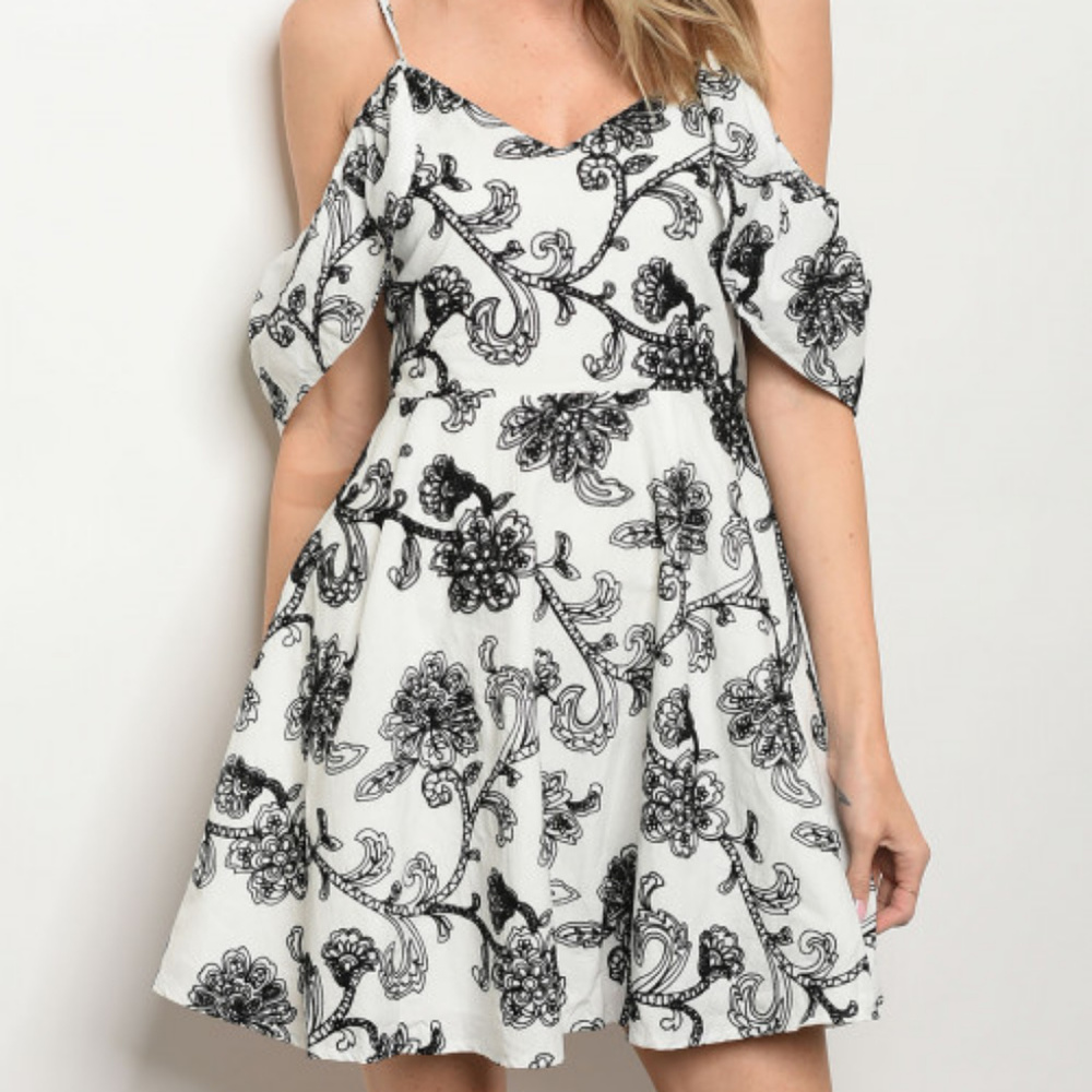 EMBROIDERY COLD SHOULDER SWING DRESS - Picture 1 of 2